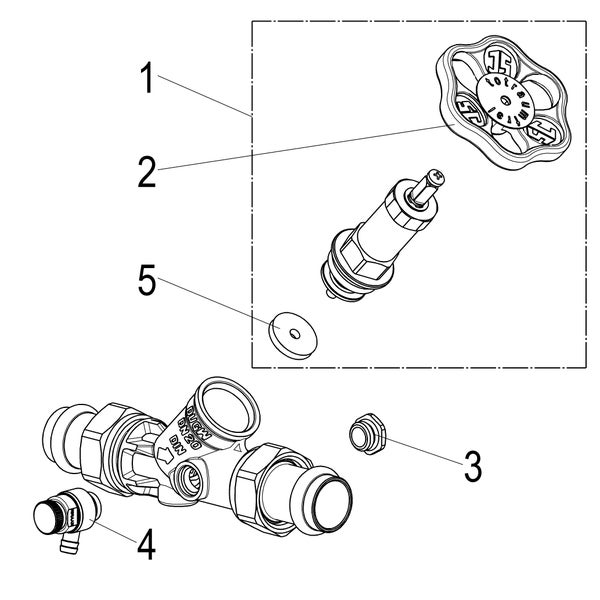 Explosionszeichnung eines Ventils mit nummerierten Ersatzteilen wie Handrad, Ventiloberteil und Dichtungen.