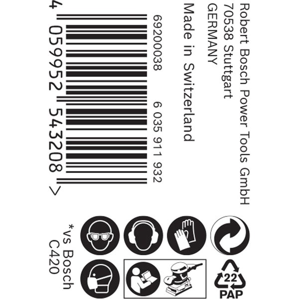 Robert Bosch Power Tools GmbH Logo, Barcode, Hergestellt in Deutschland und der Schweiz, Sicherheitszeichen