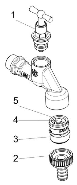 Explosionszeichnung einer Außenarmatur mit nummerierten Einzelteilen wie Oberteil, Ventilgehäuse und Schlauchanschluss.
