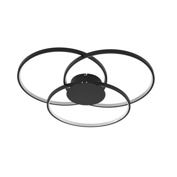 Moderne LED-Deckenleuchte mit drei ineinander verschlungenen schwarzen Ringen und integrierten weißen Diffusoren.