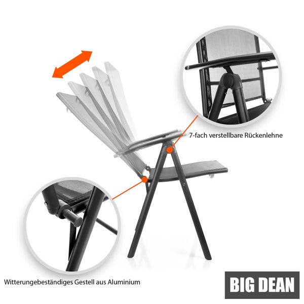 4 Stück Gartenstühle 120 kg belastbar - hochwertige Balkonstühle - Gartenstuhl Klappstuhl mit 7-fach verstellbarer Rückenlehne - Campingstuhl für Balkon, Garten & Terrasse - dunkelgrau/schwarz