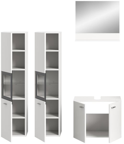 Badezimmermöbel-Set bestehend aus zwei Hochschränken, einem Waschbeckenunterschrank und einem Spiegel. Weiß mit Glaselementen.