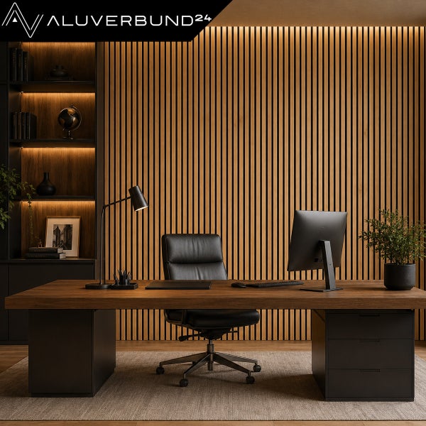 Modernes Heimbüro mit Holzlamellenwand, großem Schreibtisch, schwarzem Bürostuhl und integriertem Regal mit Beleuchtung von Aluverbund24 Logo.