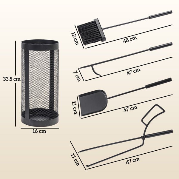 Outsunny Kaminbesteck Set, 5-teilig Kaminzubehör mit Besen, Schaufel, Zange, Schürhaken und Korb, Kamingarnitur, Ø16 x 33,5H cm, Metall, Schwarz