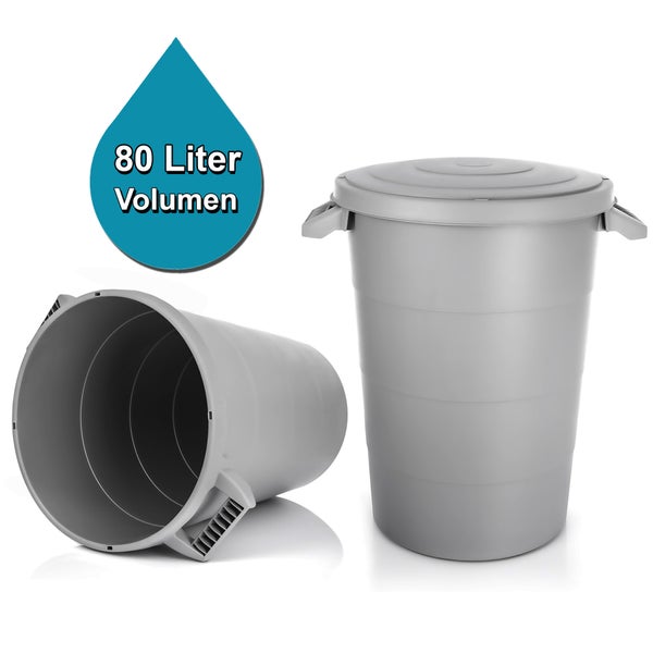 BigDean wetterfeste Universaltonne mit Deckel und 2 stabilen Tragegriffen 80 Liter GRAU - Regentonne Mülleimer - Indoor und Outdoor geeignet - Made in Europe