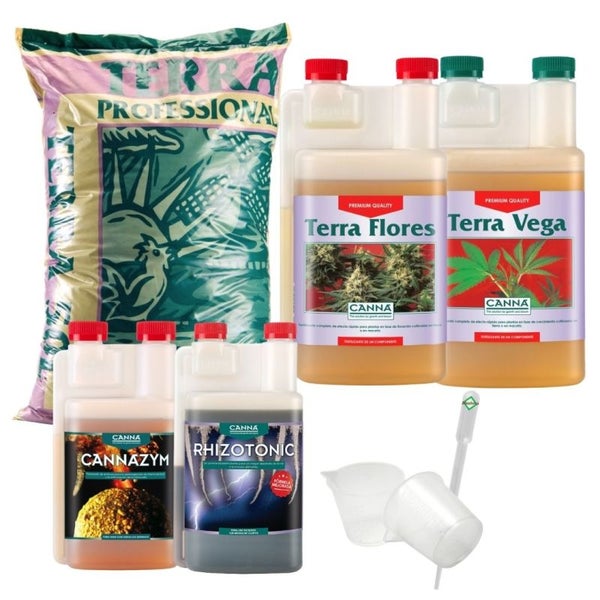 Canna Terra Profi Erde-Set Medium – 50L Premium-Erde + Terra Vega & Flores je 1L + Cannazym & Rhizotonic 250ml – Inkl. Pipette & Messbecher für präzise Düngung