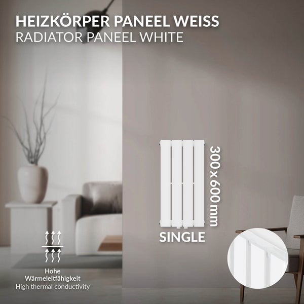 ML-Design Paneelheizkörper Einlagig 600 x 300 mm Weiß, Design Badheizkörper Mittelanschluss, Bad/Wohnraum Heizung, Designheizkörper Flach Heizkörper, Flachheizkörper Vertikal Röhren, inkl. Montage-Set