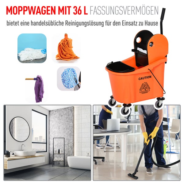 HOMCOM Reinigungswagen 36 Liter Fahreimer Putzeimer Wischwagen mit Auswringvorrichtung, Orange, 54 x 41 x 91,5 cm