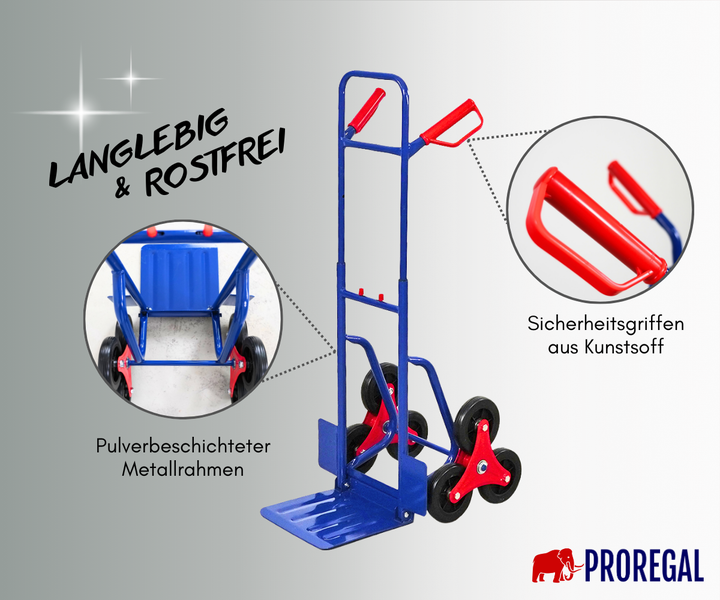 Blaue Treppensteiger-Sackkarre mit pulverbeschichtetem Metallrahmen, roten Sicherheitsgriffen aus Kunststoff und PROREGAL Logo.