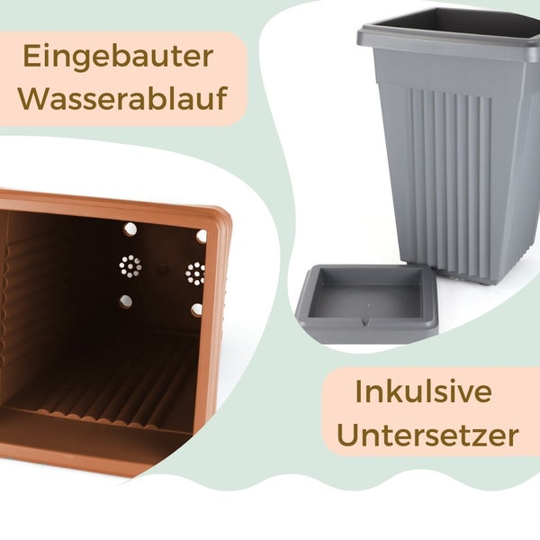 Blumenkasten mit eingebautem Wasserablauf und Untersetzer