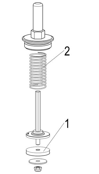 Explosionszeichnung eines Ventil-Ersatzteils mit Feder, Spindel und Dichtungen.