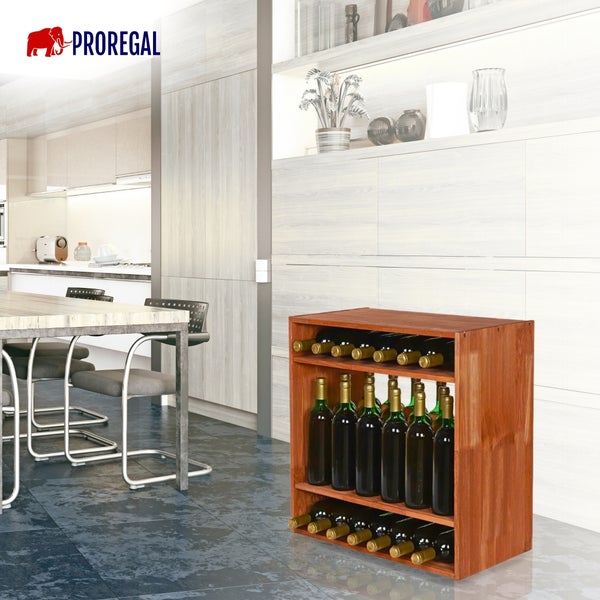 Modernes Weinregal aus Holz in einer hellen, organisierten Wohnküche mit Esstisch und Proregal Logo.