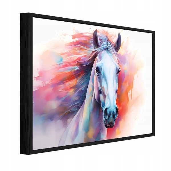 Wandbild mit Pferdemotiv im abstrakten Aquarellstil in einem schwarzen Rahmen.
