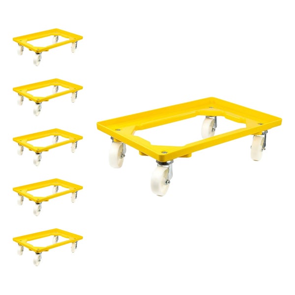 PROREGAL SparSet 6x Transportroller für Euroboxen 60 x 40 cm mit Kunststoffräder Gelb Offenes Deck 2 Lenkrollen und 2 Bockrollen Traglast 300 kg