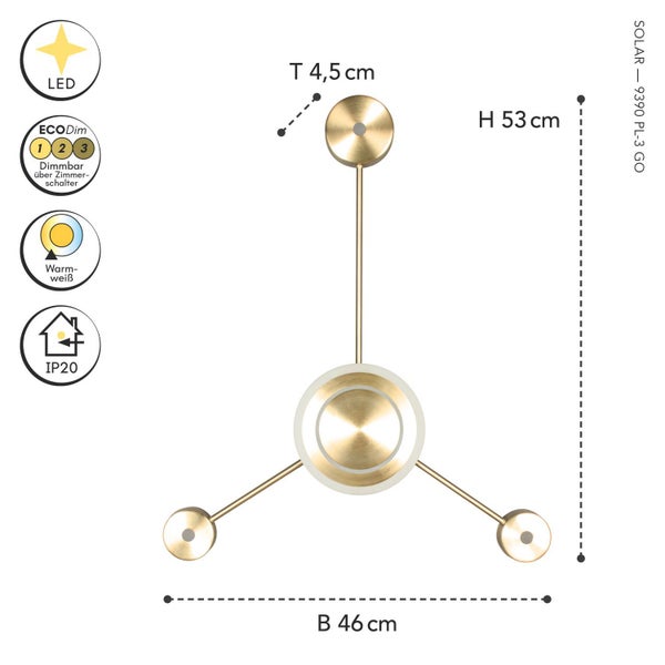 Moderne goldene LED-Deckenleuchte, 53 Zentimeter hoch, 46 Zentimeter breit, 4,5 Zentimeter tief. 3-stufig dimmbar, warmweißes Licht, Schutzart IP20.