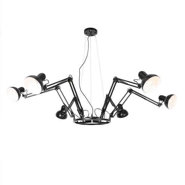 Schwarze Hängeleuchte mit sechs Armen und verstellbaren Lampenschirmen