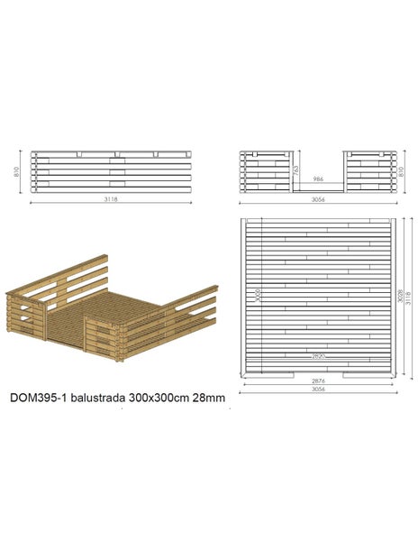 Technische Zeichnung einer Holzbalustrade für Terrassen, 300 mal 300 Zentimeter, 28 Millimeter Wandstärke, mit Abmessungen.