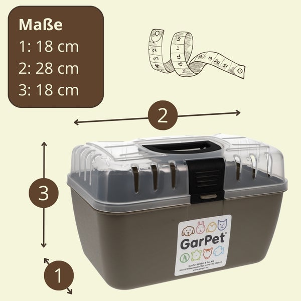 Kleintiertransportbox mit Maßen: Tiefe 18 Zentimeter, Länge 28 Zentimeter, Höhe 18 Zentimeter. GarPet Logo.