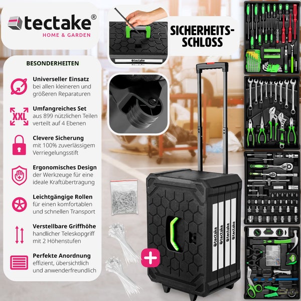 Werkzeugkoffer tectake Gerhard mit Klappgriff und Teleskopgriff 899-teilig schwarz
