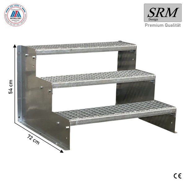 Stahltreppe mit drei Gitterroststufen aus verzinktem Metall, Höhe 54 Zentimeter, Tiefe 72 Zentimeter, SRM Design Logo.