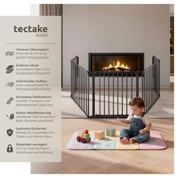 tectake home Logo. Robustes schwarzes Kamin-Schutzgitter aus Stahl vor einem modernen Kamin mit einem spielenden Kleinkind auf einer Matte.