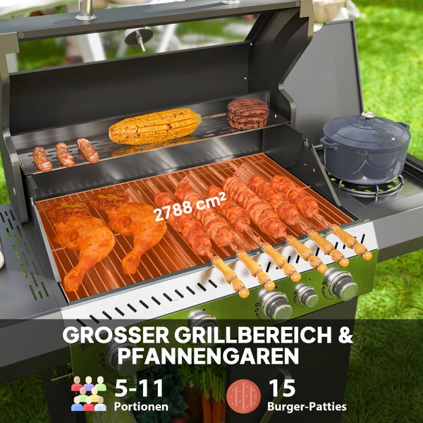 Outsunny Gasgrill 12 KW Grillwagen inkl 5 Brenner Seitenkocher Rolle Druckminderer Deckel Gasschlauch 2 Heizzonen Thermometer Seitenablagen, BBQ Gartengrill für Balkon, Grill 135 x 54 x 110 cm