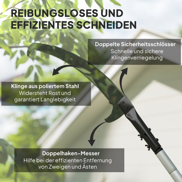 Astsäge mit polierter Stahlklinge, Doppelhaken-Messer und doppelten Sicherheitsschlössern zur Klingenverriegelung.