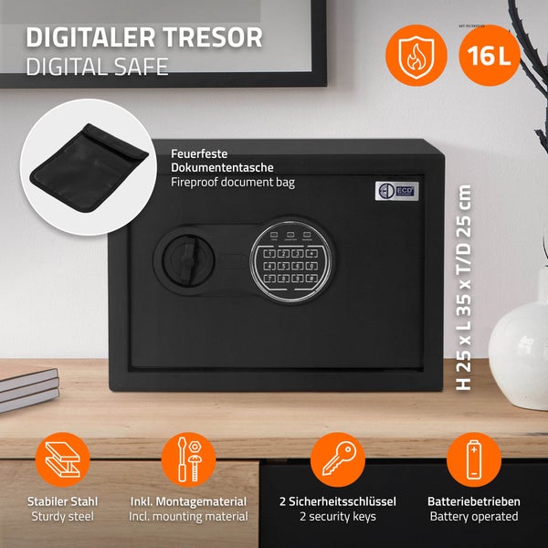 Digitaler Tresor mit feuerfester Dokumententasche, 16 Liter Volumen, inklusive Montagematerial und zwei Sicherheitsschlüsseln