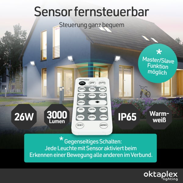Hausbeleuchtung mit ferngesteuertem Sensor, 26 Watt Leistung, 3000 Lumen, Schutzart IP65 und warmweißem Licht