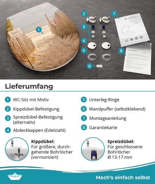 Calmwaters® WC Sitz Motiv Sandstrand einfache Montage, Toilettendeckel bis 250 kg, Made in EU, antibakterieller Duroplast, Absenkautomatik, 2 Montage Optionen, abnehmbar, Klobrille, oval