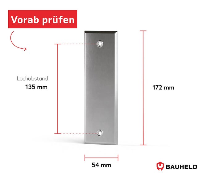 Abmessungen einer Edelstahlabdeckung mit zwei Bohrungen und den Maßen 54 mm Breite, 172 mm Höhe und 135 mm Lochabstand.