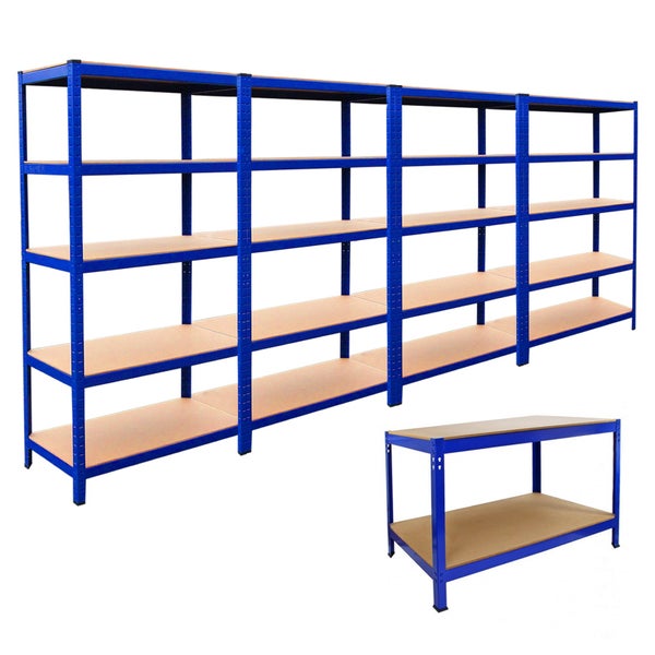 4x T-Rax Lagerregal 90cm Blau & Q-Rax Werkbank 120cm Blau im Set