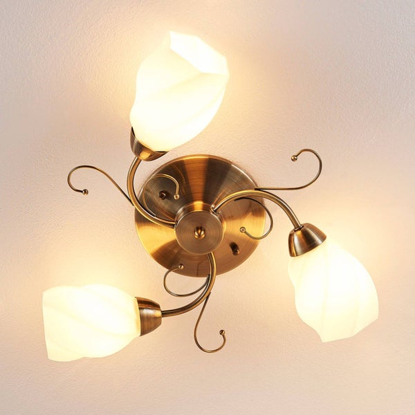 Lindby Deckenlampe romantisch, Deckenstrahler Glas Metall altmessing Landhaus 3x E14 ohne Leuchtmittel Deckenleuchte Küche Wohnzimmer Esszimmer