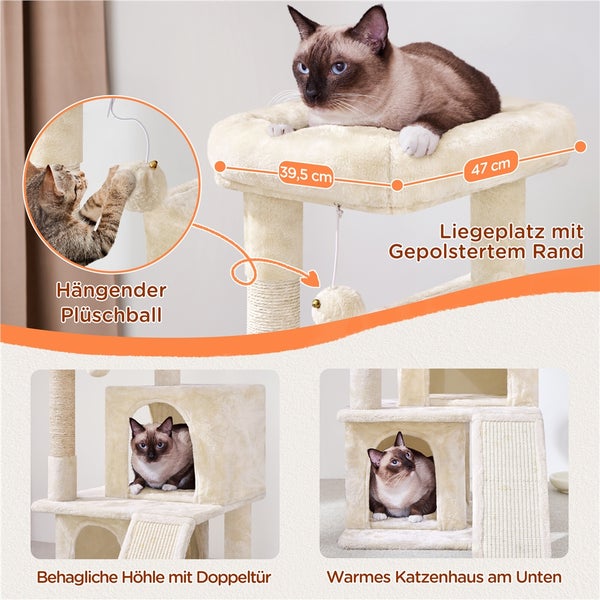 Katzenkratzbaum mit Liegefläche, Spielzeugball und Katzenhaus