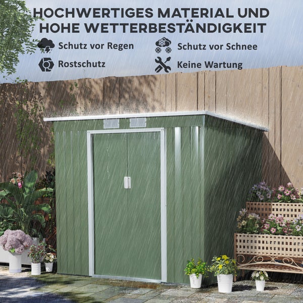 Outsunny Gerätehaus 2,42 m², Gartenhaus mit Lüftungsfenster, Schiebetür, Fundament, 213 x 130 x 159/172 cm, Geräteschuppen aus Verzinkter Stahl, wetterfest, für Garten, Grün