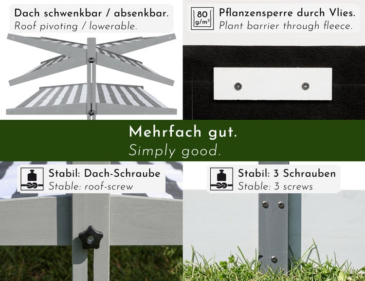 Produkt-Features: schwenkbares und absenkbares Dach, Pflanzenschutzvlies mit 80 Gramm pro Quadratmeter und stabile Verschraubungen.