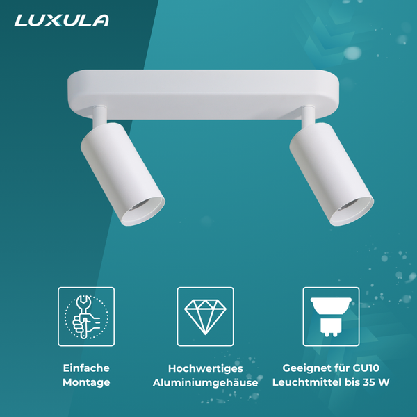 Luxula Logo. Deckenleuchte mit zwei Strahlern.
