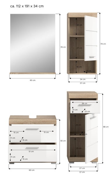 Badezimmermöbel-Set in Eichenoptik und Weiß, circa 112 mal 191 mal 34 Zentimeter, mit Maßangaben für Spiegel, Waschbeckenunterschrank und Schränke.