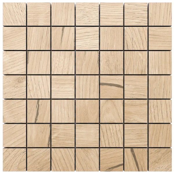 Mosaikfliesen in Holzoptik mit quadratischen Elementen und sichtbarer Maserung.