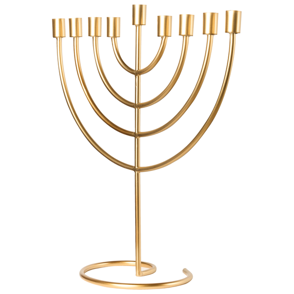 Neunarmiger Chanukka-Leuchter aus goldfarbenem Metall in modernem Design.