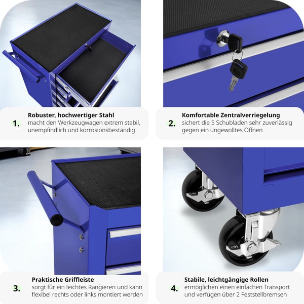 Werkzeugwagen tectake  Rollen Ø 100 mm 5 kugelgelagerte Schubladen mit Antirutschmatten blau