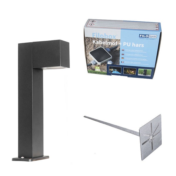 Moderne anthrazitfarbene Außenstandleuchte im Set mit einer Filobox Kabelmuffe inklusive PU Harz und einem Erdspieß zur Befestigung.