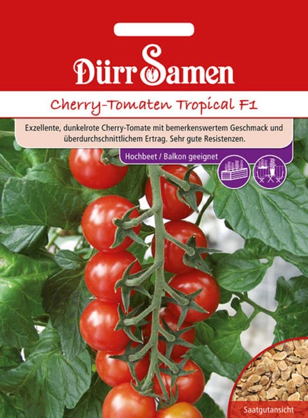 Samentüte für Cherry-Tomaten Tropical F1 mit Dürr Samen Logo, geeignet für Hochbeet und Balkon, zeigt reife Früchte an der Rispe und das Saatgut.
