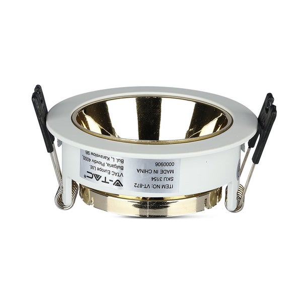 Rundes Einbaugehäuse für Deckenspot von V-TAC mit Federklemmen und goldfarbenem Reflektor.