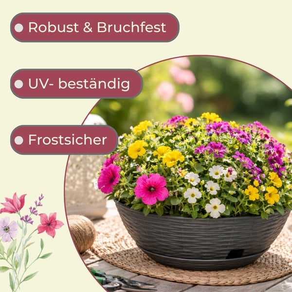 Blumenampel bepflanzt mit bunten Blüten, Eigenschaften robust, bruchfest, UV beständig und frostsicher