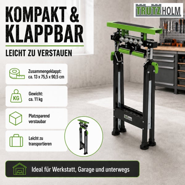 Klappbarer Arbeitsbock von Trutzholm in einer Werkstatt mit Details zu Gewicht, Maßen circa 13 mal 75,5 mal 90,5 cm und Trutzholm Logo.