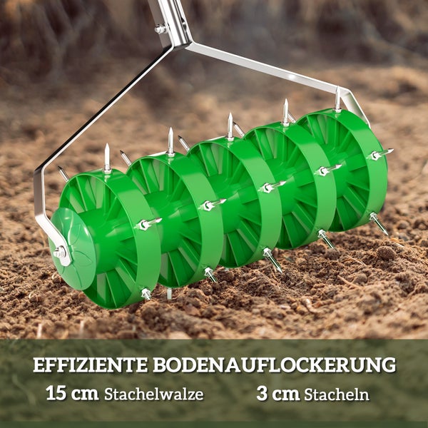 Bodenlüfter mit einer Stachelwalze von 15 cm und 3 cm langen Stacheln zur effizienten Bodenauflockerung.