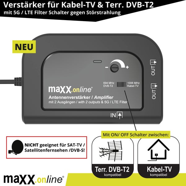 Antennenverstärker für Kabelfernsehen und DVB-T2 mit 5G-LTE Filter von maxx.online