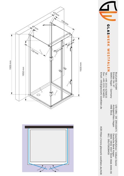Technische Zeichnung einer Duschkabine mit Maßangaben