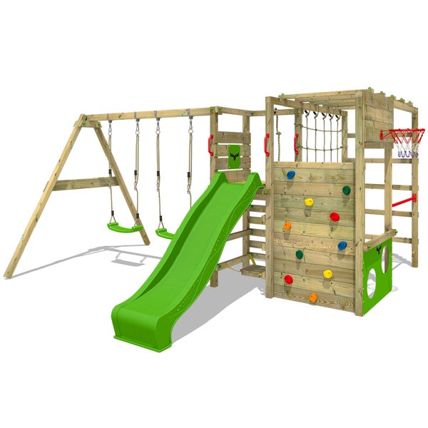 FATMOOSE Klettergerüst Spielturm ActionArena mit Schaukel und Rutsche, Gartenspielgerät mit Leiter und Spiel-Zubehör - apfelgrün